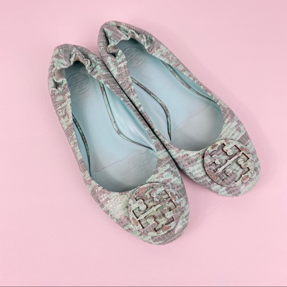 Tory Burch Reva mint & grey snakeskin print flats